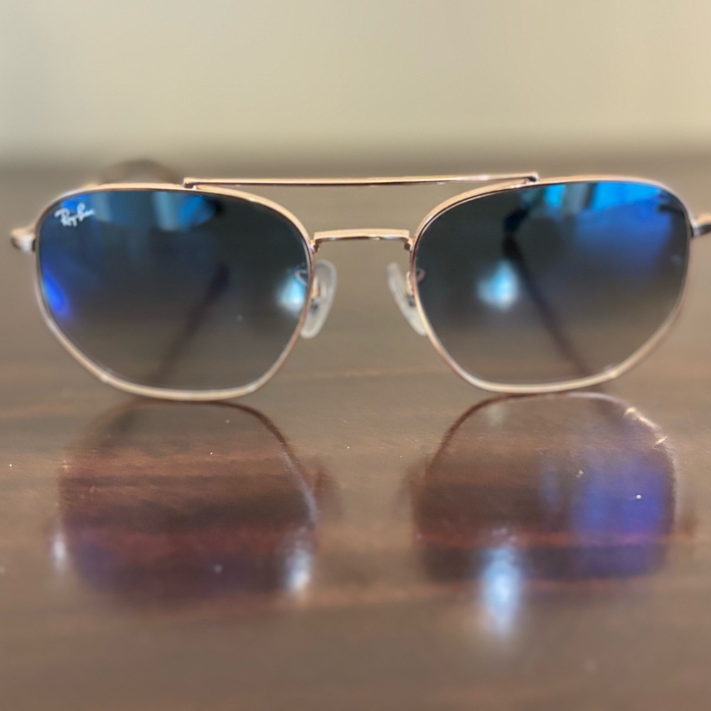 Ray-Ban model 3707, Rose Gold frame with blue lenses